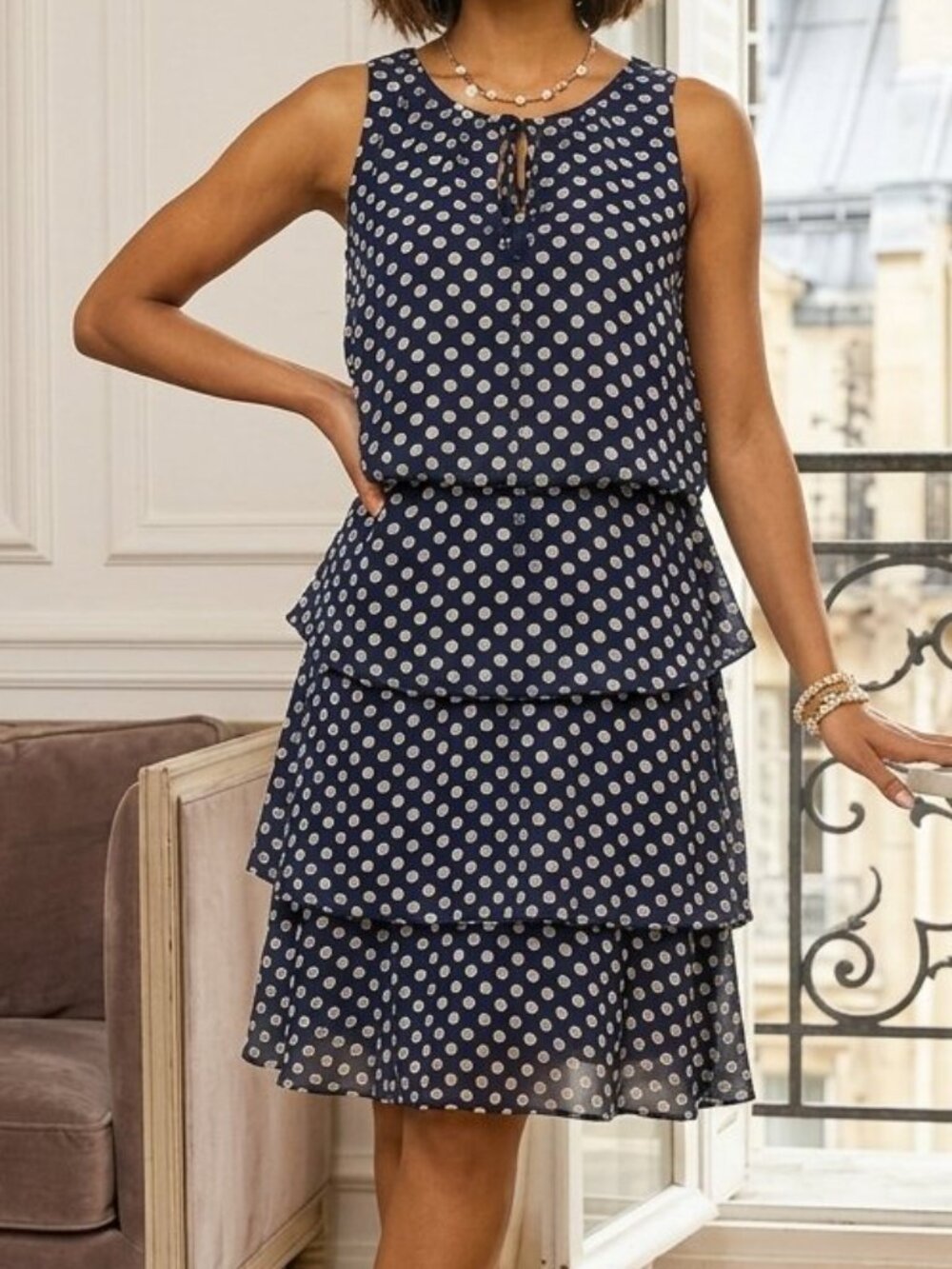 Roz & Ali navy blue and white polka dot sleeveless tiered dress - size 18